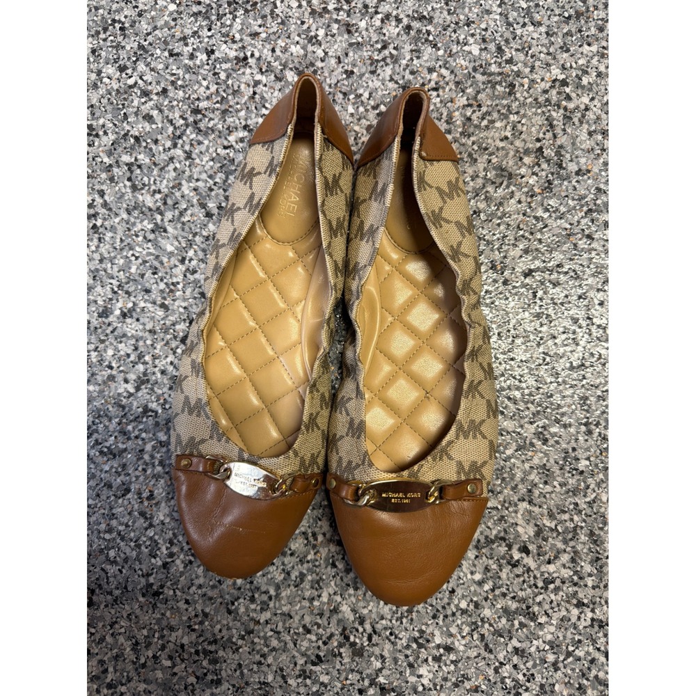 Michael Kors Fulton Moc Tan Monogram Ballet Flats Gold Hardware Size 8.5M